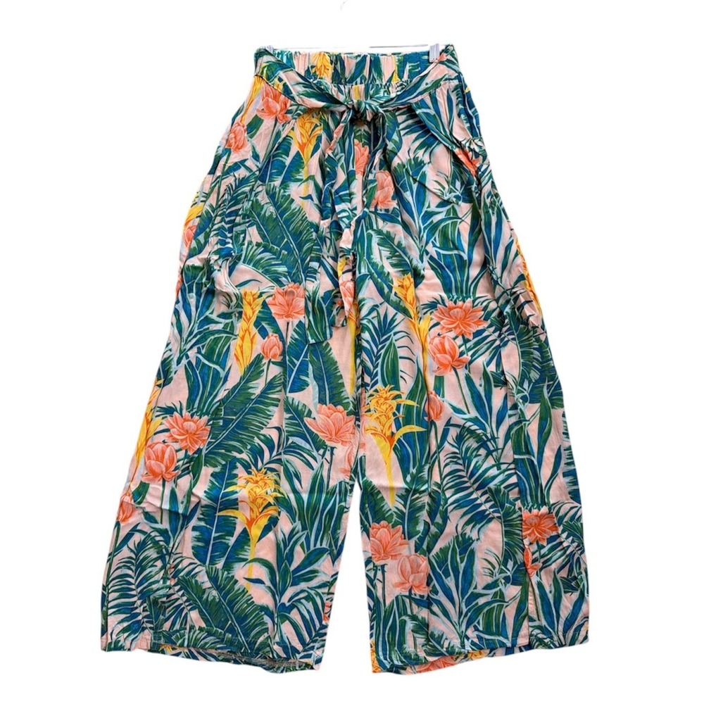 New Look Pants Womens L Green Floral Tropical Flyaway  Pull On‎ High Rise Crop